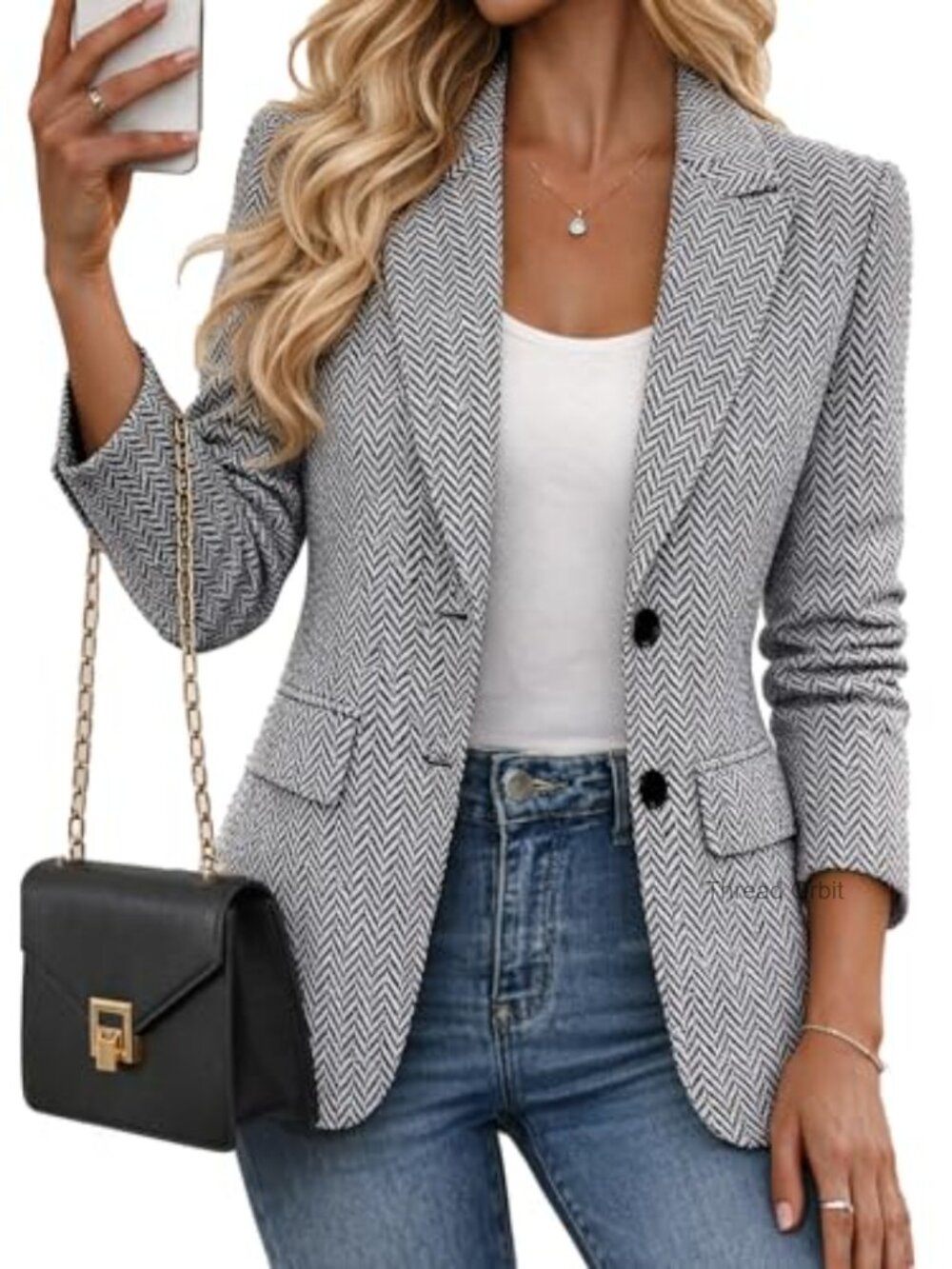 Womens Herringbone Tweed Blazer Business Casual Two-Button Suit Jacket